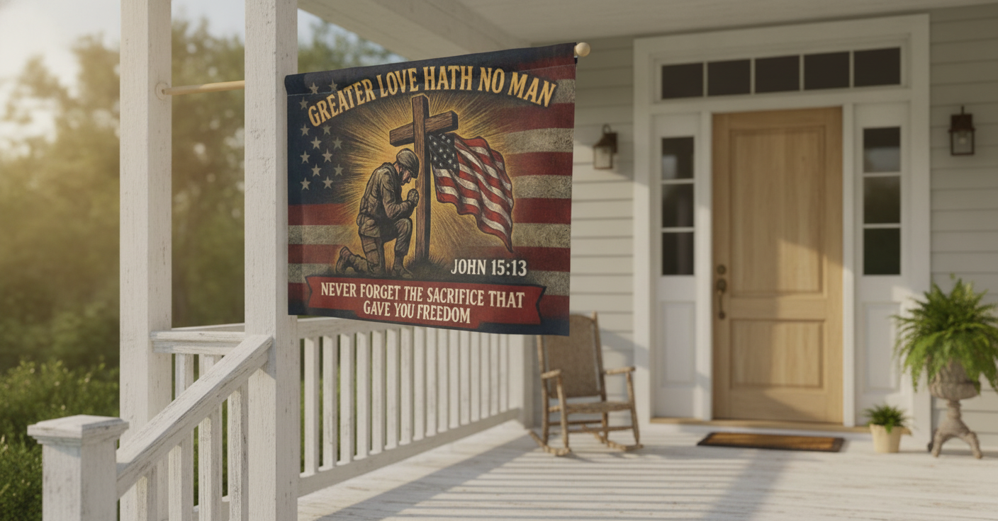 John 15:13 memorial tribute flag porch lifestyle mockup