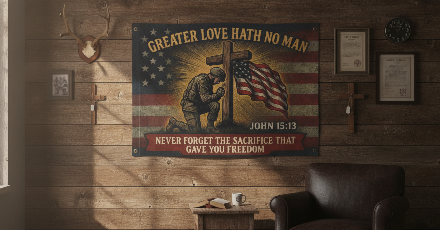 John 15:13 memorial tribute flag indoor veteran tribute mockup